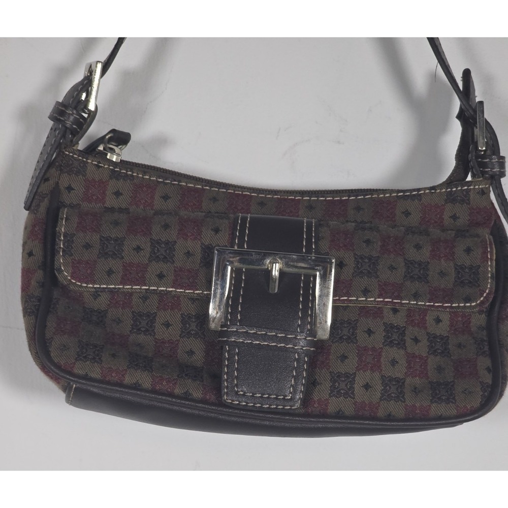 Villager Liz Claiborne Mini Shoulder Bag Tapestry Buckle Brown Vintage Classic